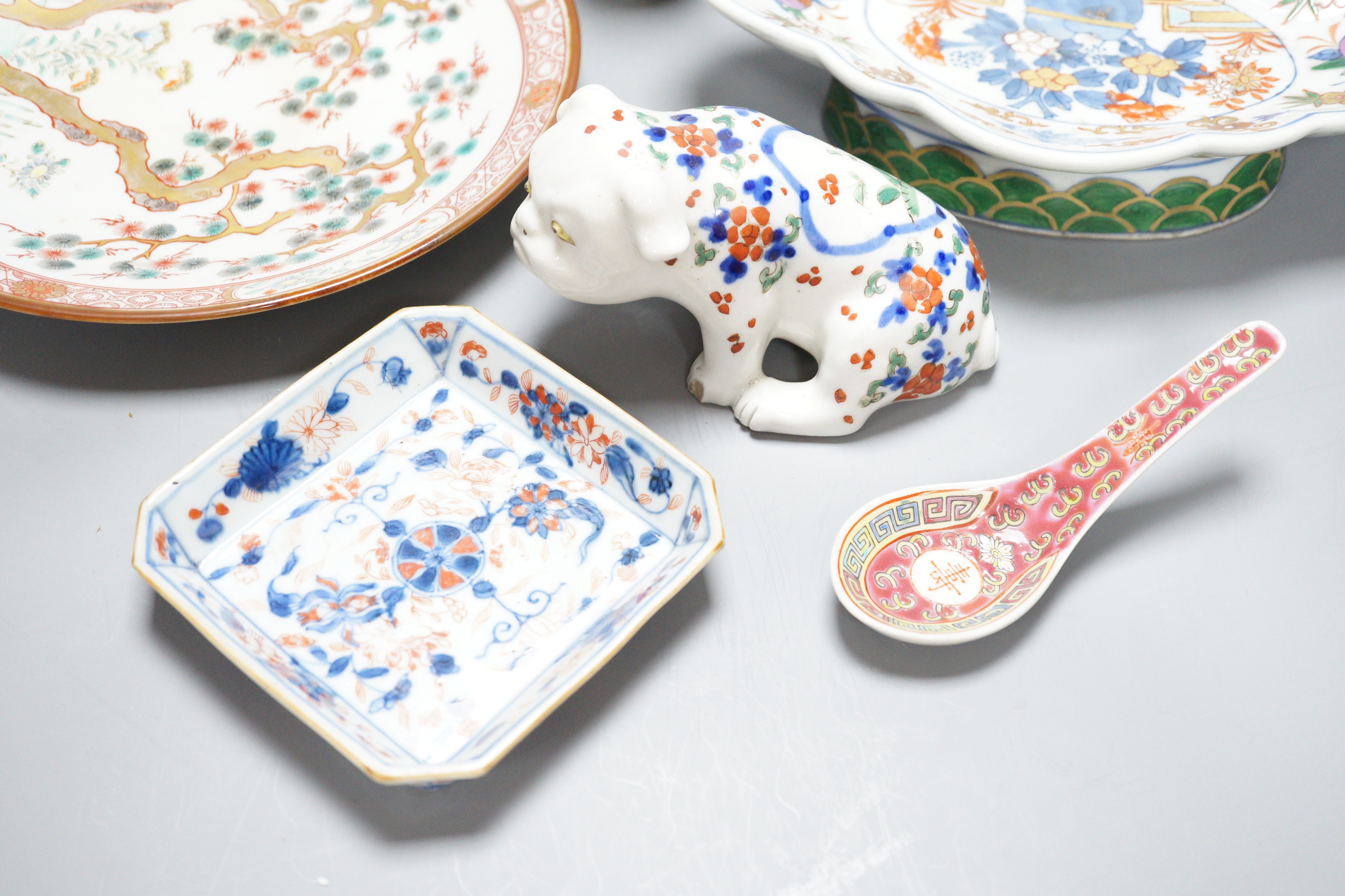 A group of Chinese and Japanese porcelain including an 18th century square Imari dish, a 19th century famille verte vase etc. (6)